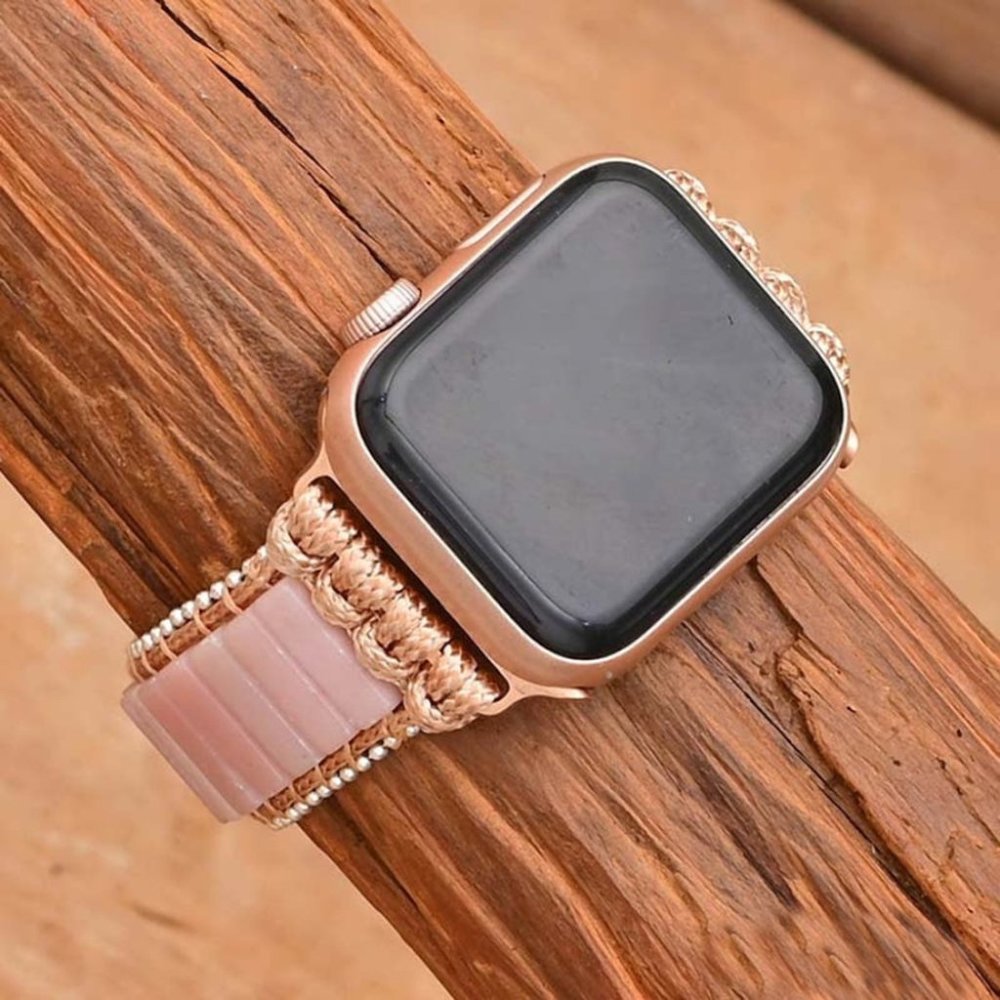 Natural Pink Opal Crystal Leather Wrap Strap Watch Band for 38 40mm Apple iWatch